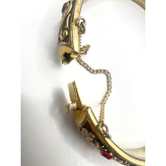 Vintage Spanish Damascene Bracelet Hinged Bangle Rhinestones Enamel Safety Chain - Picture 7 of 10